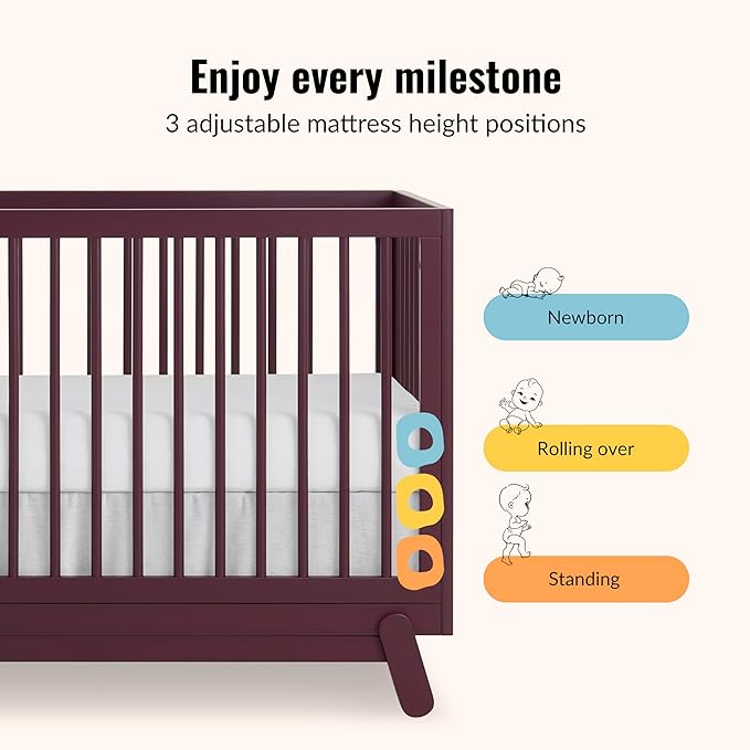 Dream On Me Hygge 5-in-1 Convertible Full-Size Baby Crib in Auburn, GreenGuard Gold & JPMA, Converts to Toddler, Day & Full-Size Bed, Adjustable Mattress Heights, Modern Nursery