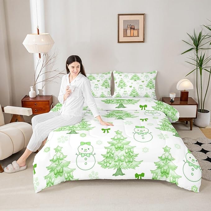 Feelyou Merry Christmas Comforter Set All Season Cute Snowman Bedding Set with 1 Pillow Cases Cartoon Bowknot Microfiber Kids Toddler Bedclothes Christmas Tree Duvet Quilt Soft Lightweight