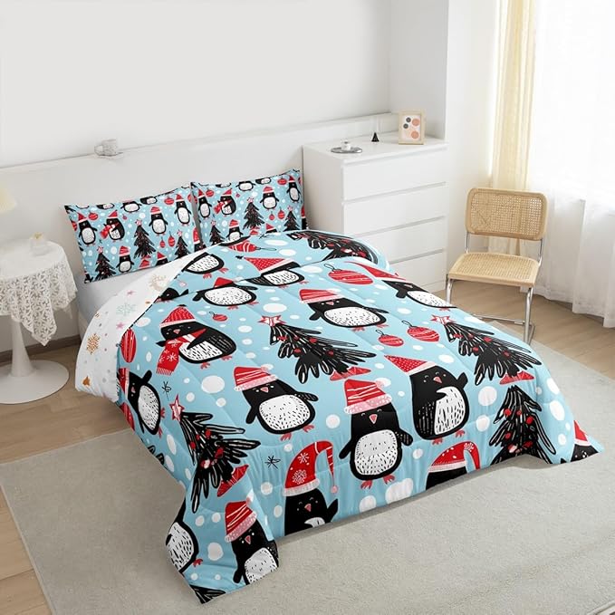 Feelyou Christmas Comforter Set All Season Penguin Bedding Set with 1 Pillow Cases Xmas Tree Microfiber Kids Twin Bedclothes Christmas Balls Bedroom Decor Duvet Quilt Breathable Soft Lightweight