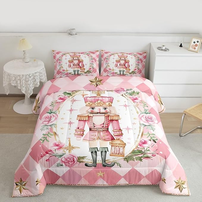 Feelyou Christmas Comforter Set Full Size Pink Nutcrackers Bedding Set for Kids Boys Girls Floral Duvet Quilt Funny Nutcracker Bedroom Decor Rose Microfiber 3 Pcs with 2 Pillow Cases