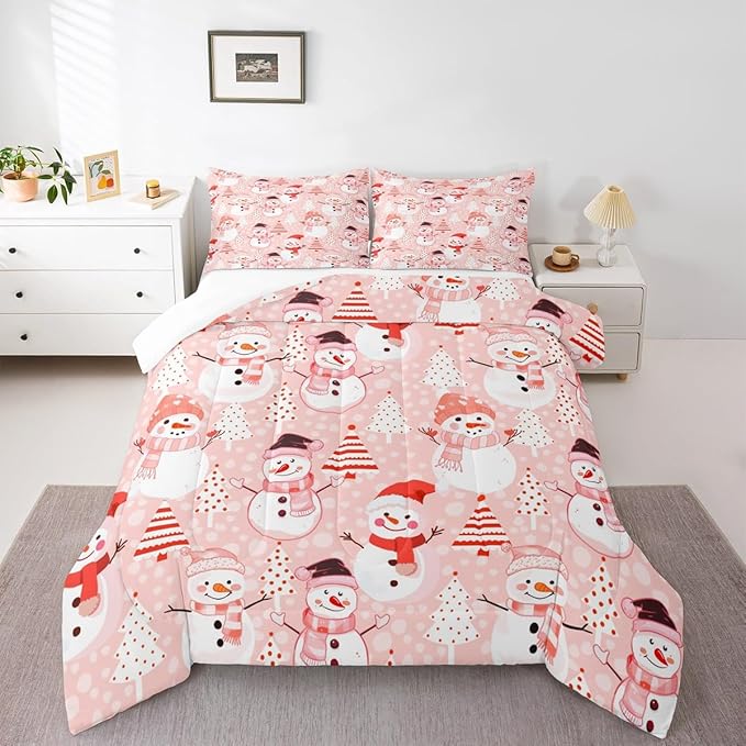 Manfei Christmas Comforter Set Queen Size, Snowman and Xmas Trees Down Comforter with 2 Pillowcases, New Year Pink Bedding Set 3pcs for Kids Girls Adults Bedroom Decor Lightweight Duvet Insert