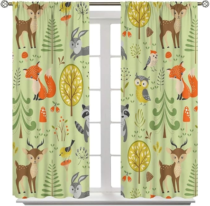 Cute Animals Curtains, Fox Bear Cartoon Wild Animals Blackout Window Treatments, Rod Pocket Thermal Insulated Drapes 2 Panel Sets for Kids Bedroom Nursery Classroom, 63" W X 72" L