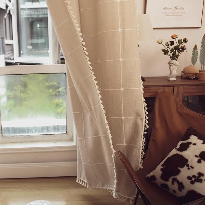 Deeprove Boho Curtains for Bedroom 84 Inches Long, Bohemian Lattice Gingham Chic Textured Embroidery Plaids, Vintage Tassels Country Decor Drapery, Rod Pocket, 1 Panel W52 x L84, Natural Linen