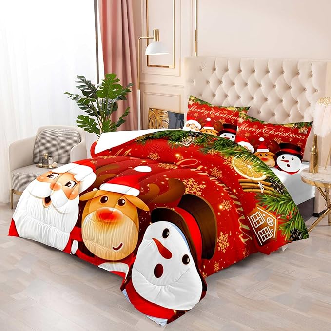 LUVIVIHOME 3PCS Merry Christmas Comforter Set Full Size, Reindeer Snowman Santa Claus Bedding, Holiday New Year Cute Christmas Bedroom Decor for Kids Boys Girls Teens, Xmas Gifts, 2 Pillow Cases