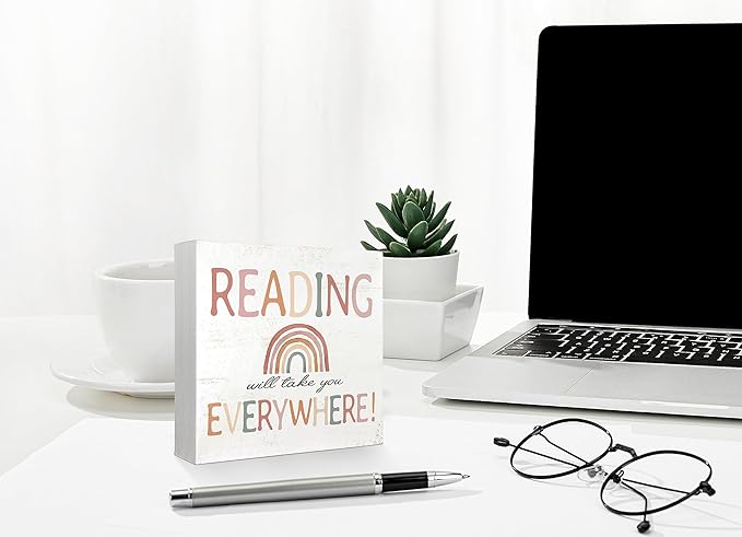 Mtrgdn Reading Conner Decor for Classroom,Boho Rainbow Classroom Reading Nook Desk Decor,Reading Will Take You Everywhere Wood Box Sign for Homeschool Library Bookshelf Nursery Kids Reading Room,5x5 Inch