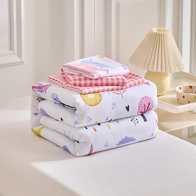 Joyreap 4 Piece Toddler Bedding Set for Girls- Pink Blue Colorful Unicorns Design, Microfiber Toddler Bedding Comforter Set for All Seasons