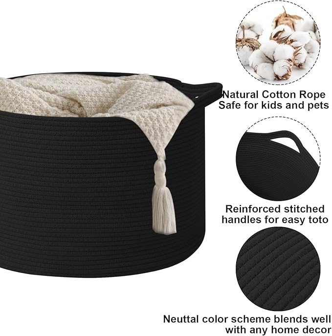 Large Blanket Basket for Organizing,115L Closet Organizers and Storage Bins Box for Shelves Woven Rope Storage Baskets,Living Room,Bedroom,Dorm,Laundry room (Black)