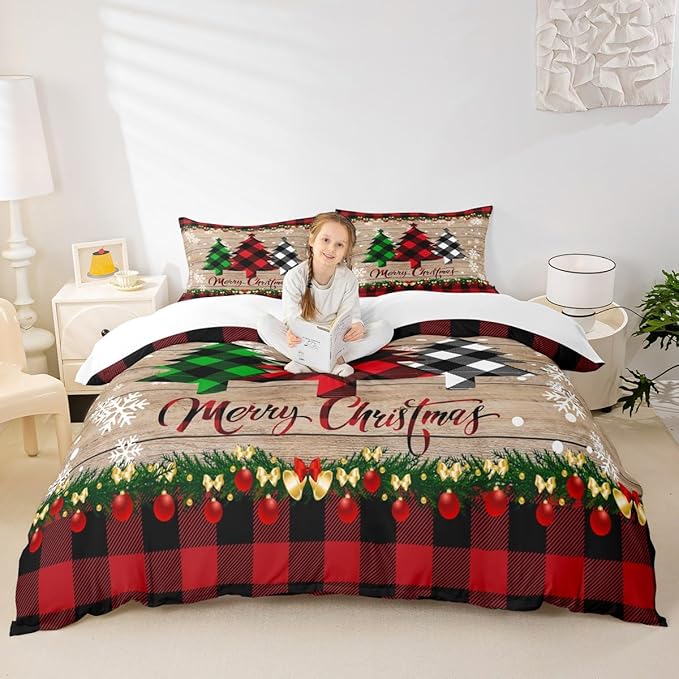 Manfei Plaid Tree Duvet Cover Set Twin Size, Wooden Stripe Print Bedding Set 2pcs for Kids Boys Girls Bedroom Decor, Christmas Theme New Year Comforter Cover with 1 Pillowcase,No Comforter