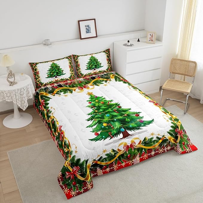 Christmas Tree Bedding Set Full Size,Merry Christmas Comforter Set for Kids Boys Girls Room Decor,Snowflake Bowknot Green Pine Leaves Duvet Insert 3Pcs,Xmas Plaid Patchwork Quilt Set,2 Pillowcases
