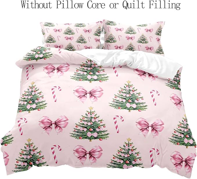 LUVIVIHOME 3PCS Pink Bow Christmas Tree Duvet Cover Full Bedding Set, Teen Girls Bedding, Xmas Tree Candy Cane Winter Holiday Christmas Comforter Cover, Coquette Room Decor Aesthetic, 2 Pillow Shams