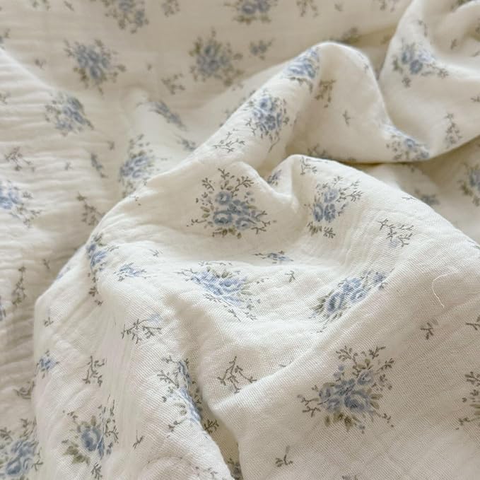 BuLuTu Vintage Blue Floral Duvet Cover Queen Size, Cotton Muslin Quilt Cover with Ruffles, Farmhouse Bedding Comforter Cover 90"x90", Zipper & Corner Ties, Freesia Print, No Pillow