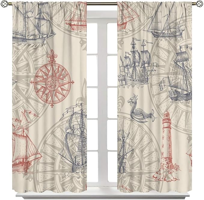 Abstract Nautical Curtain Set Seahorse Curtain for Kids Yellow Polyester Fabric Bedroom Curtain Set 2 Panels,52x84 Inches
