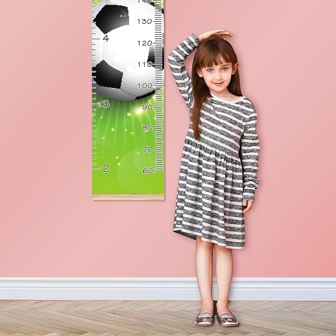 Personalized Kids Name Growth Chart Ruler for Wall Wood Frame Height Measure Chart 13.4x56 in Linen Hanging Height Growth Chart Football Soccer Kids Room Decor