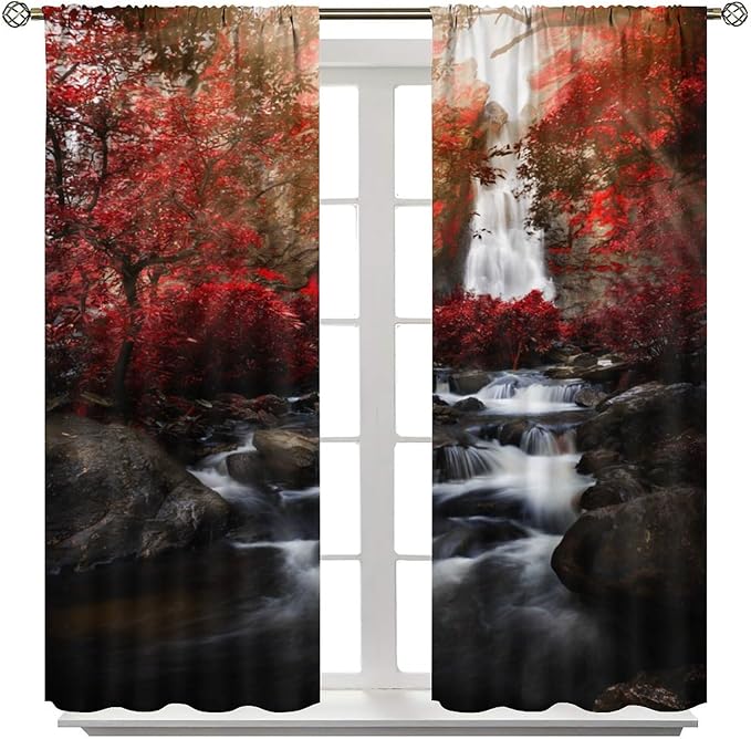 Nature Waterfall Blackout Curtains, Autumn Waterfall Romantic Forest Landscape Print Rod Pocket Window Drapes, for Bedroom Living Room 42" W X 54" L
