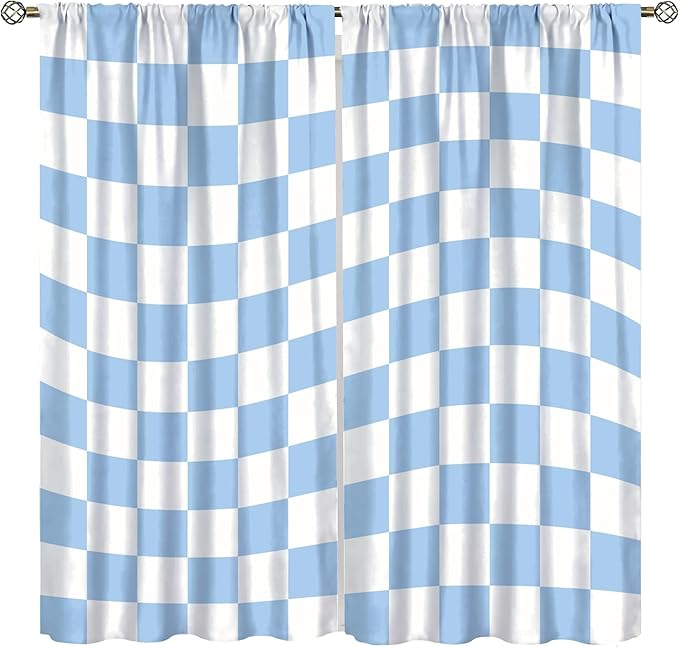 Blue Checkered Curtains,70s Vintage Twisted Checkered Window Drapes Colorful Groovy Trendy Wavy Hippie Grid Print Window Treatments for Kids Girls Bedroom Living Room 52" W X 84" L