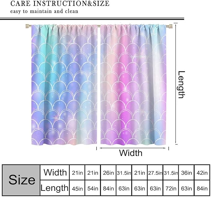 Mermaid Blackout Curtains, Kids Cartoon Blue and Pink Ocean Mermaid Scale Pattern Decoration for Girls Bedroom Nursery Curtains 42x45 Inch