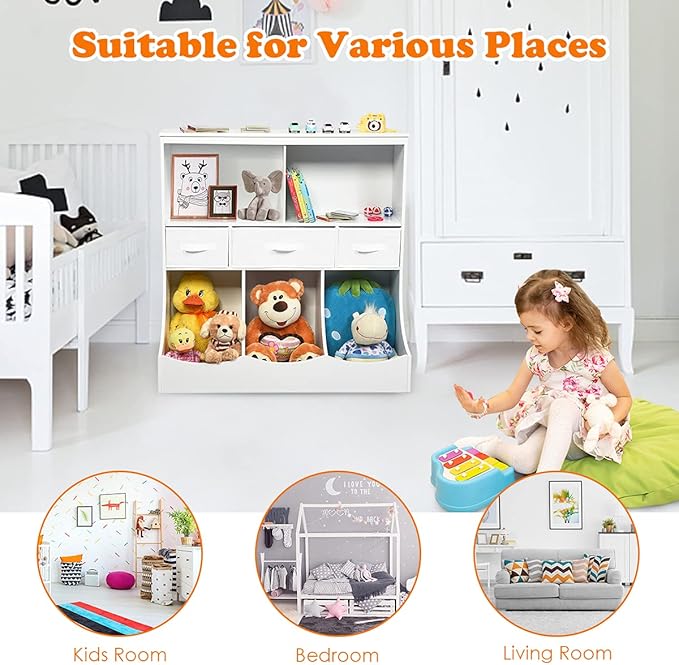 HONEY JOY Kids Toy Storage Organizer with Bookcase, 8-Cubby Organization Cabinet w/Display Shelf & 3 Removable Fabric Bins, Wooden Toy Storage Unit for Playroom, Nursery, Daycare (White)