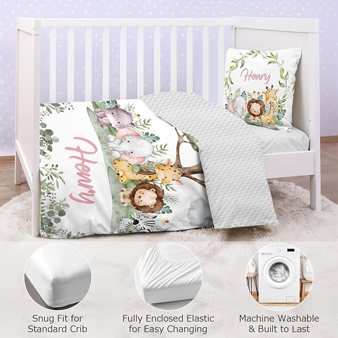 Personalized Baby Crib Bedding Set,3 Piece Custom Name Nursery Set with Blanket, Fitted Sheet & Pillowcase for Baby Girls & Boys, Safari Friends Theme(Fixed Size)