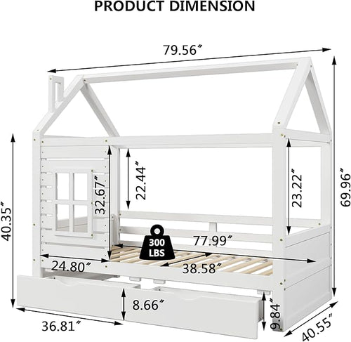 Aoowow Twin Size Kids House Bed with 2 Drawers, Wooden Twin Bed Frame with Window and Roof for Bedroom, Modern Twin Size Kid Playhouse Bed with Slats for Boys Girls, Can be Decorated, White