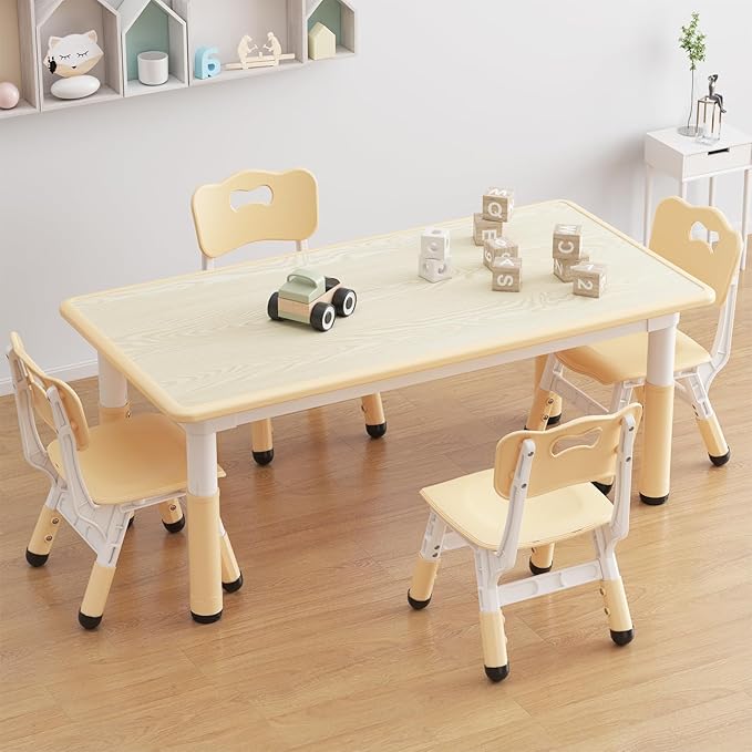 Kids Table and 4 Chairs Set, Height Adjustable Toddler Table and Chair Set for Ages 2-10, Graffiti Desktop, Non-Slip Legs, Arts & Crafts Table, Children Activity Table for Daycare Classroom Home