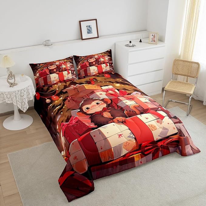 Merry Christmas Comforter Set Full Size,Cartoon Cute Monkey Bedding Set for Kids Boys Girls Room Decor,Animals Microfiber Modern Soft Quilt Set,Xmas Theme Red Luxury Duvet Insert 3Pcs,2 Pillowcases