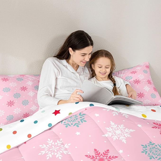 Feelyou Winter Snowflakes Bedding Set Soft for Boys Girls, Winter Holiday Comforter Set Full Size Frozen Snowflake Duvet Quilt Microfiber Pink Bedroom Decor 3 Pcs with 2 Pillow Cases