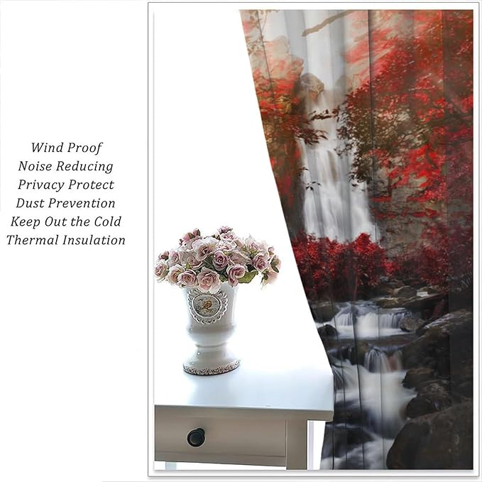 Nature Waterfall Blackout Curtains, Autumn Waterfall Romantic Forest Landscape Print Rod Pocket Window Drapes, for Bedroom Living Room 72" W X 63" L