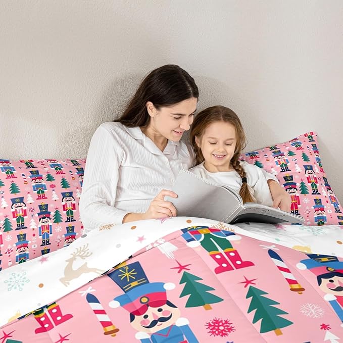 Feelyou Cute Nutcracker Kids Comforter Set Toddler Christmas Tree Bedding Set Xmas Snowflake Duvet Quilt for Kids Boys Girls Bedroom Colorful Soldier Decor Candy-Cane Designs Soft Breathable