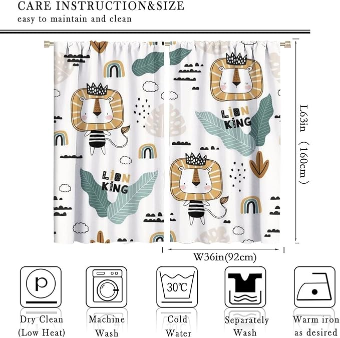 Cartoon Little Lion King Window Curtains for Baby Child,Cute Funny Forest Animals,Tropical Jungle Leaves Wildlife Boho Rainbow Print Blackout Drapes for Nursery Boys Girls Kids Bedroom 72x63in