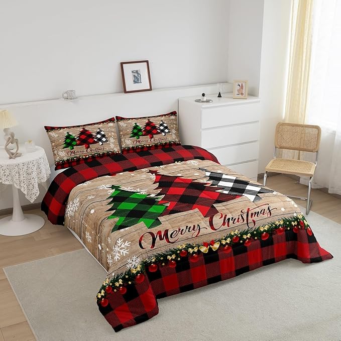 Manfei Plaid Tree Comforter Set Queen Size, Wooden Stripe Print Bedding Set 3pcs for Kids Boys Girls Bedroom Decor, Christmas Theme New Year Quilt Set with 2 Pillowcases