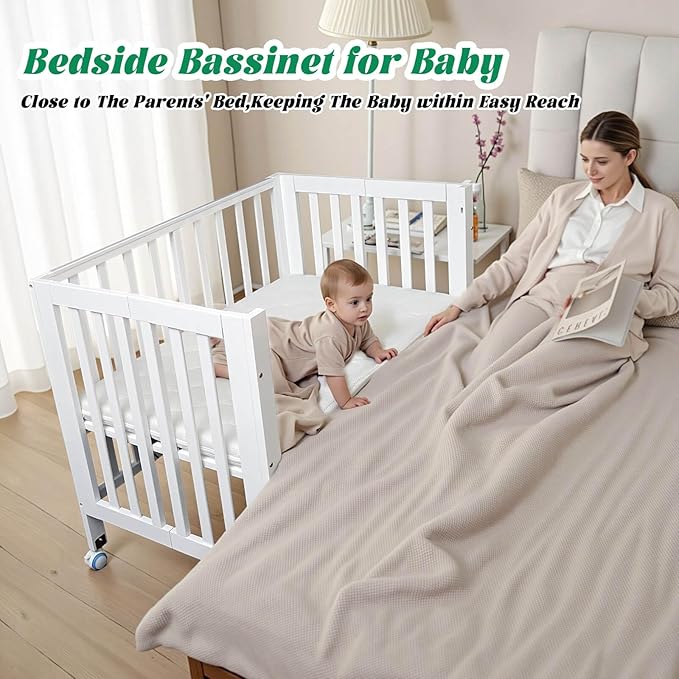 Foldable Mini Baby Crib - Portable 4-in-1 Convertible Baby Cribs,Pine Wood Bedside Bassinet,3 Heights Bassinet Bedside Sleeper with A Sponge Mattress,Wheeled,White