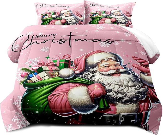 LUVIVIHOME 3PCS Merry Christmas Comforter Set Full Size, Funny Santa Claus Bedding, Kids Teens Girls Bedding, Winter Snowflake New Year Christmas Bedroom Decor, Pink Quilt, Xmas Gifts, 2 Pillow Shams