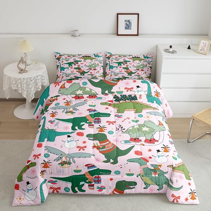 Feelyou Christmas Pink Comforter Set Queen Size for Kids Boys Girls Cartoon Xmas Dinosaur Bedding Set Snowman New Year Decorations Bedroom Quilt Set