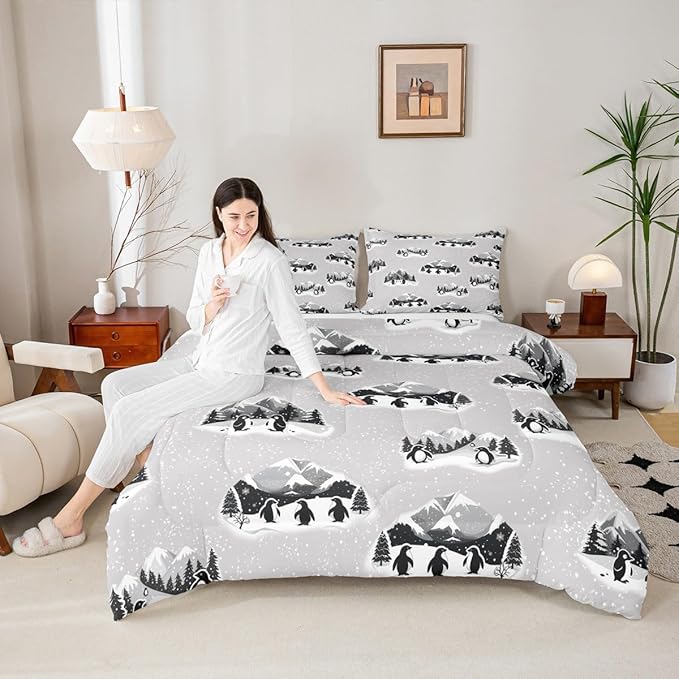 Feelyou Christmas Kids Comforter Set Toddler Size Polar Penguin Bedding Set Snowflake Duvet Quilt for Kids Boys Girls Bedroom Winter Decor Microfiber Ultra Soft Breathable
