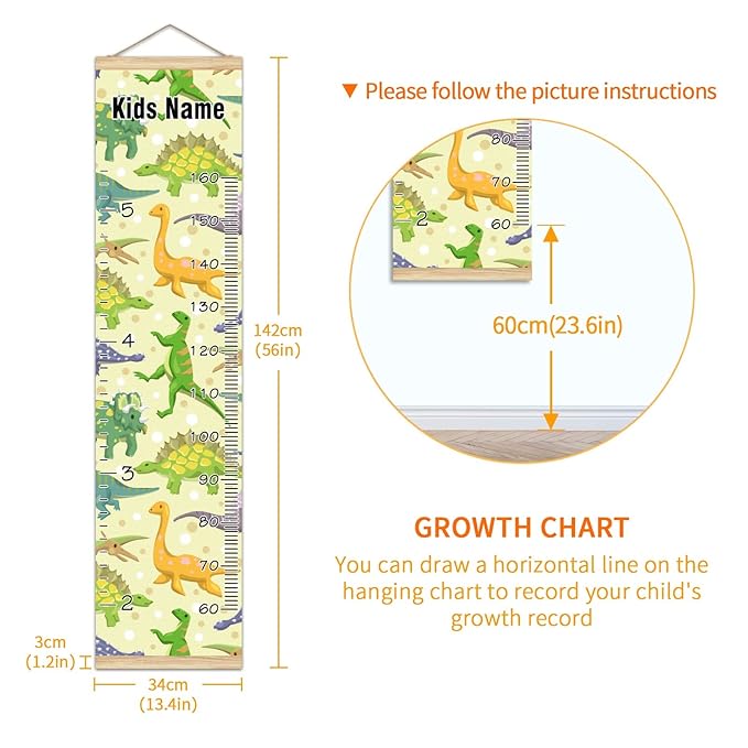 Personalized Kids Name Growth Chart Ruler for Wall Wood Frame Height Measure Chart 13.4x56 in Linen Hanging Height Growth Chart Cartoon Dinosaur Animal Kids Room Decor
