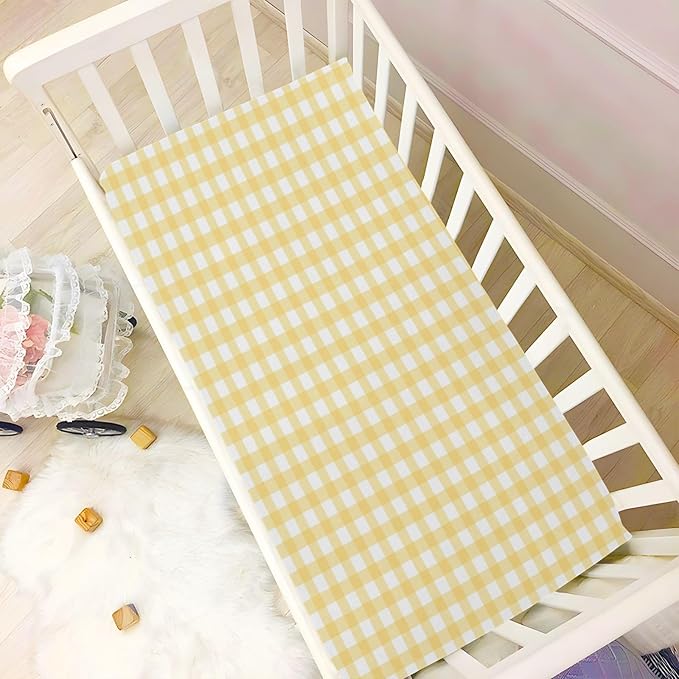 Yellow Gingham Crib Sheets for Boys and Girls, Fitted Baby Crib Sheets Soft and Breathable Mini Crib Sheets 39 X 27 Inches
