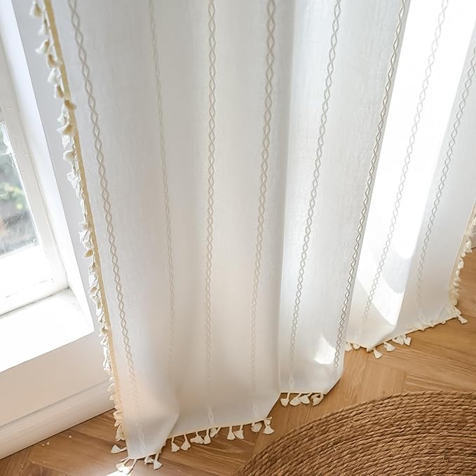 Deeprove White Boho Curtains 120 inch Extra Long for Bohemian Farmhouse Xmas Home Decoration, Semi Blackout Window Treatment, Privacy Embroidery Drape for Bedroom Living Room, 1 Panel W52 x L120