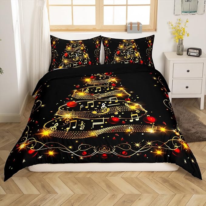 Christmas Tree Duvet Cover Set Full Size, Gold Musical Note Print Bedding Set 3pcs for Kids Boys Girls Bedroom Decor, New Year Theme Xmas Holidays Comforter Cover with 2 Pillowcases,No Comforter