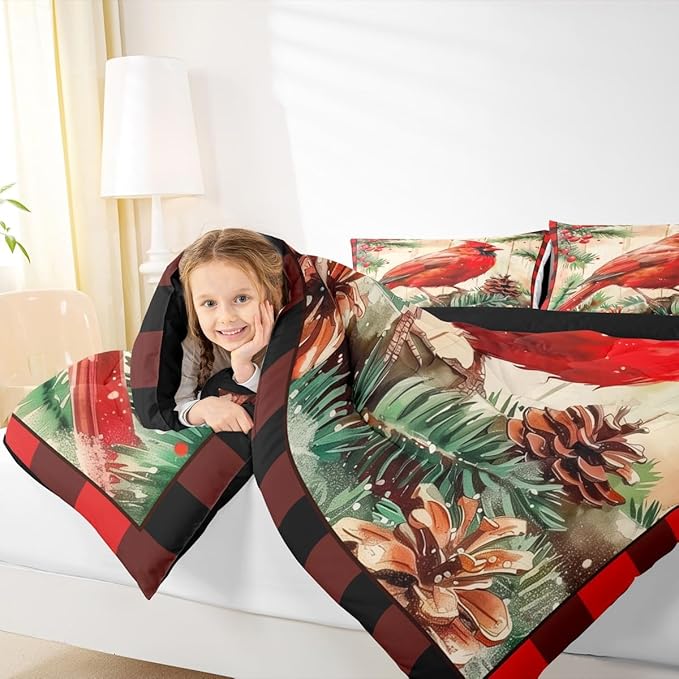 jejeloiu Kids Red Cardinal Comforter Set Queen Size Christmas Red Black Plaid Bedding Set for Boys Girls Teens Xmas Birds Winter Rustic Wood Plank Animal Duvet Quilt Room Decor