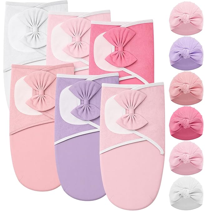 Ramede 6 Pack Preemie Swaddle Blanket with Hats Sleep Swaddle for Baby Boy Girl Preemie Newborn Sacks Soft Cotton Wearable (Rosette,Light Color)