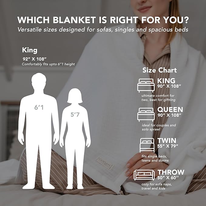 Goqan Muslin Blanket Queen 79x90 – 100% Cotton 4 Layer Boho Muslin Blanket for Adults, Lightweight, Soft, Breathable for Bed - White