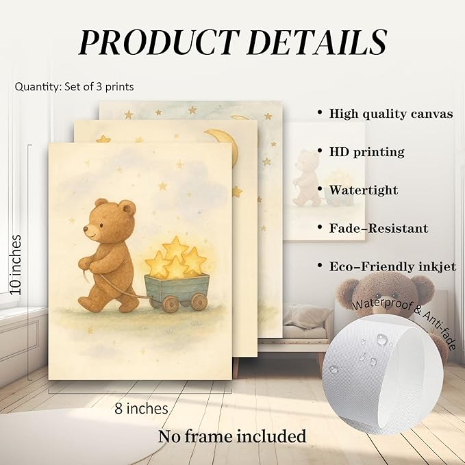 3Pcs Bear Nursery Wall Art Cute Teddy Bear with Stars and Moon Poster Animals Playing with Stars and Telescope Neutral Baby Room Decor Dreamy Prints for Kids and Babies Bedroom 8x10in Unframed