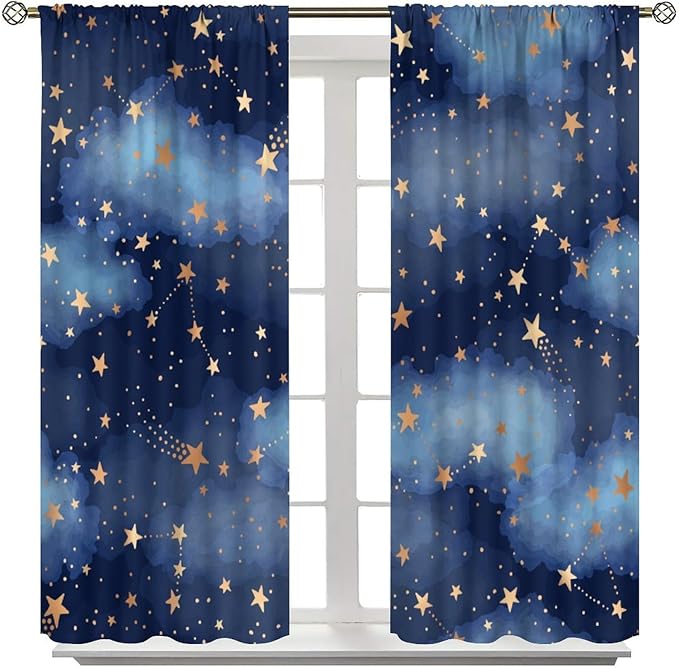 Starry Sky Blackout Curtains, Starry Scenery Blue Night Sky Stars Window Drapes for Kids Boys Girls Bedroom Living Room 42" W X 63" L