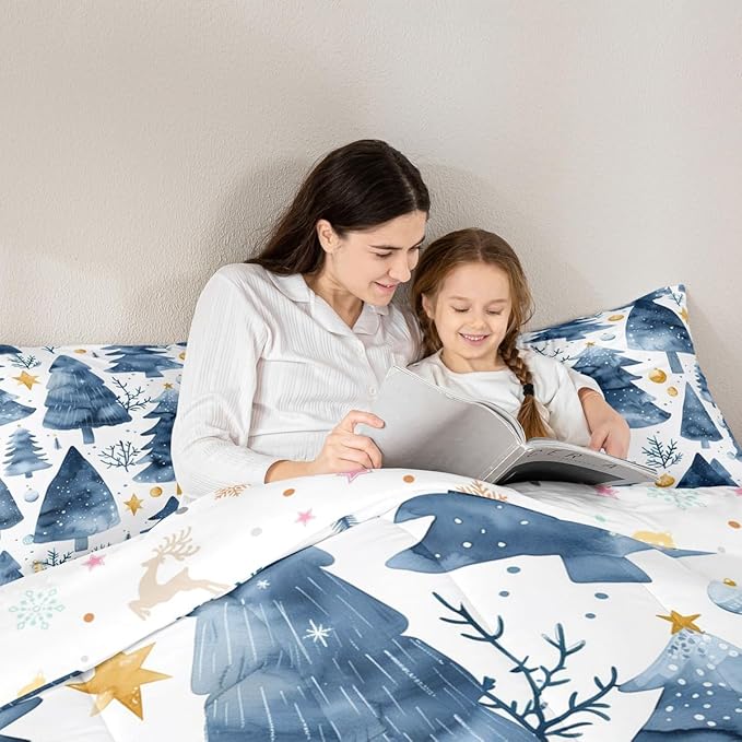 Feelyou Christmas Comforter Set All Season Xmas Tree Bedding Set with 1 Pillow Cases Watercolor Blue Microfiber Kids Twin Bedclothes Snowflake Bedroom Decor Duvet Quilt Breathable Soft Lightweight