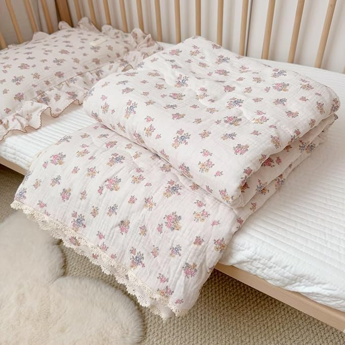 BuLuTu Chic Tuberose Flower Pattern Kids Toddler Girls Quilted Blanket with Lace Edges, 2 Layers Cotton Muslin Comforter Lightweight Pink Blue Floral Toddler Bed Blankets, 47x59 Inches