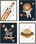 VONTP Space Animal Nursery Kids Wall Art Decor, Space Rocket Planet Lion Zebra Nursery Prints Poster Wall Decorations for Kids Girls Boys Toddler Room Bedroom Playroom, 8x10 Inch Set of 4 (Unframed)