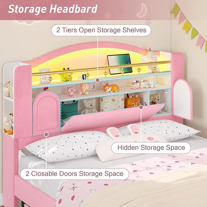 Full Size Bed Frame with Storage Headboard, Platform Bed Frame Full with LED Lights and Charging Station, Velvet Princess Bed for Girls/Kids, No Box Spring Needed/Noise-Free/Easy Assembly,Pink