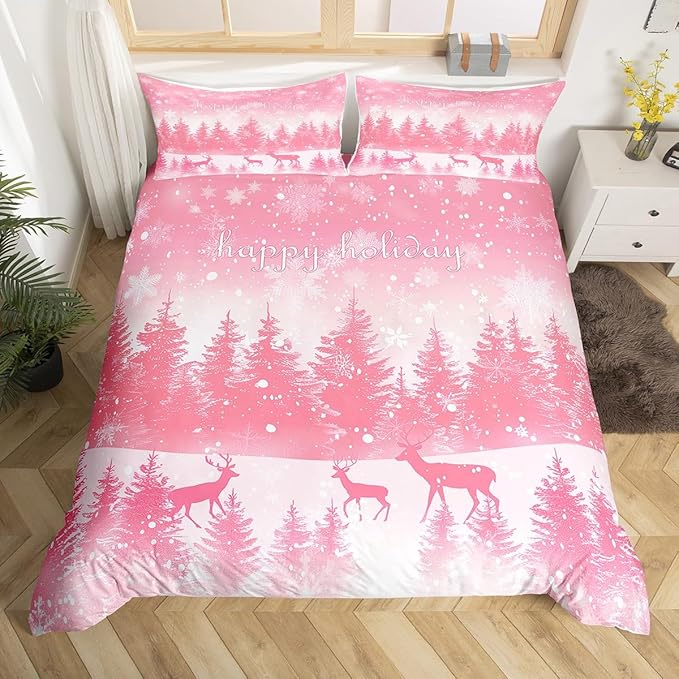 Manfei Pink Glitter Duvet Cover Set Queen Size, Xmas Trees Deers Snowflakes Print Bedding Set 3pcs for Kids Girls Teens Bedroom Decor, Christmas Theme Comforter Cover with 2 Pillowcases,No Comforter