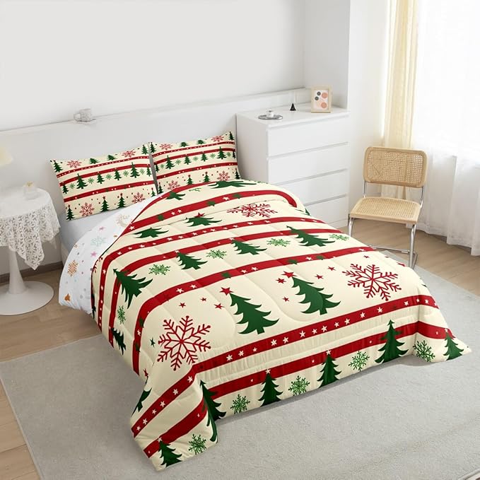 Feelyou Christmas Bedding Set Soft for Boys Girls, Xmas Tree Comforter Set Queen Size Snowflake Star Duvet Quilt Microfiber New Year Theme Bedroom Decor 3 Pcs with 2 Pillow Cases