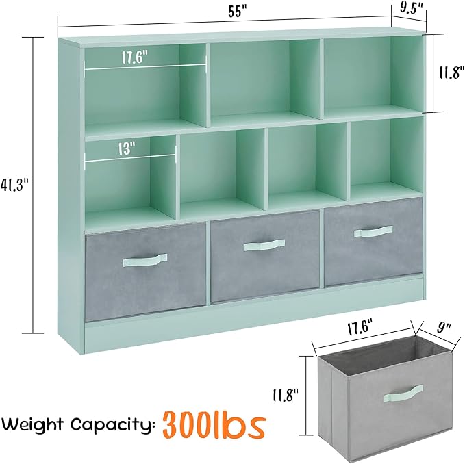 ivinta Toy Storage Organizer for Kids, 10-Cube Wooden Storage Cabinet with Collapsible Fabric Drawers for Children, 3-Tier Bookshelf for Playroom Nursery Bedroom Living Room (Green)